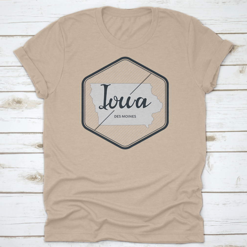 A stylish logo illustration featuring Iowa's Des Moines typography, showcasing vibrant colors and a modern design on a comfortable cotton fabric.