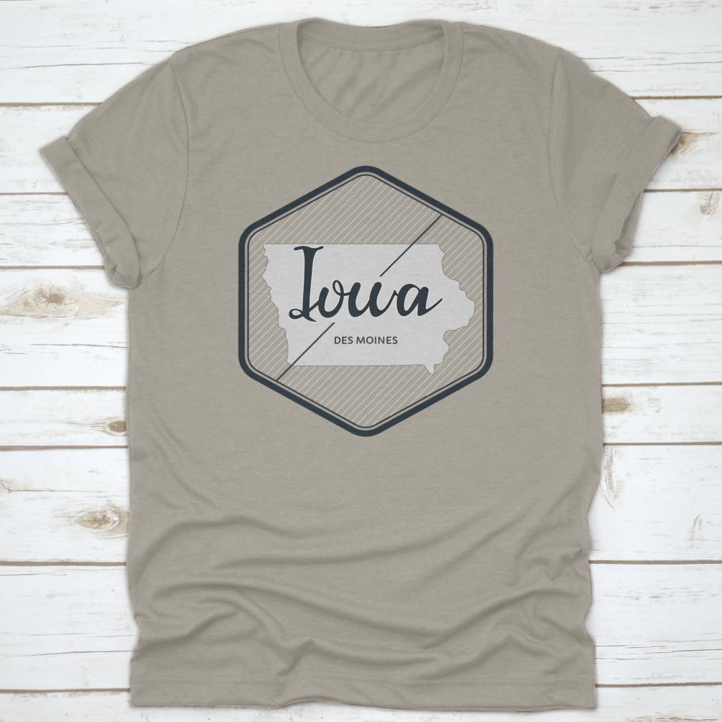 A stylish logo illustration featuring Iowa's Des Moines typography, showcasing vibrant colors and a modern design on a comfortable cotton fabric.