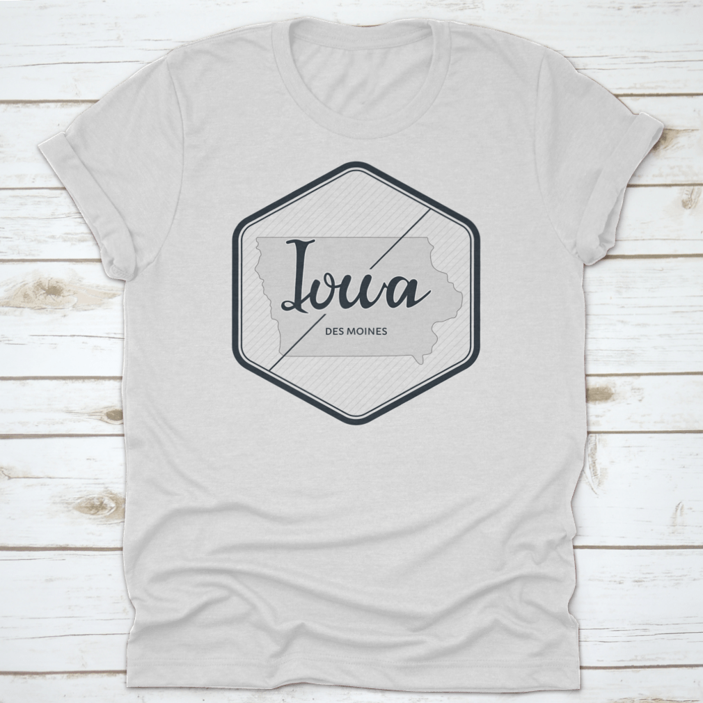 A stylish logo illustration featuring Iowa's Des Moines typography, showcasing vibrant colors and a modern design on a comfortable cotton fabric.