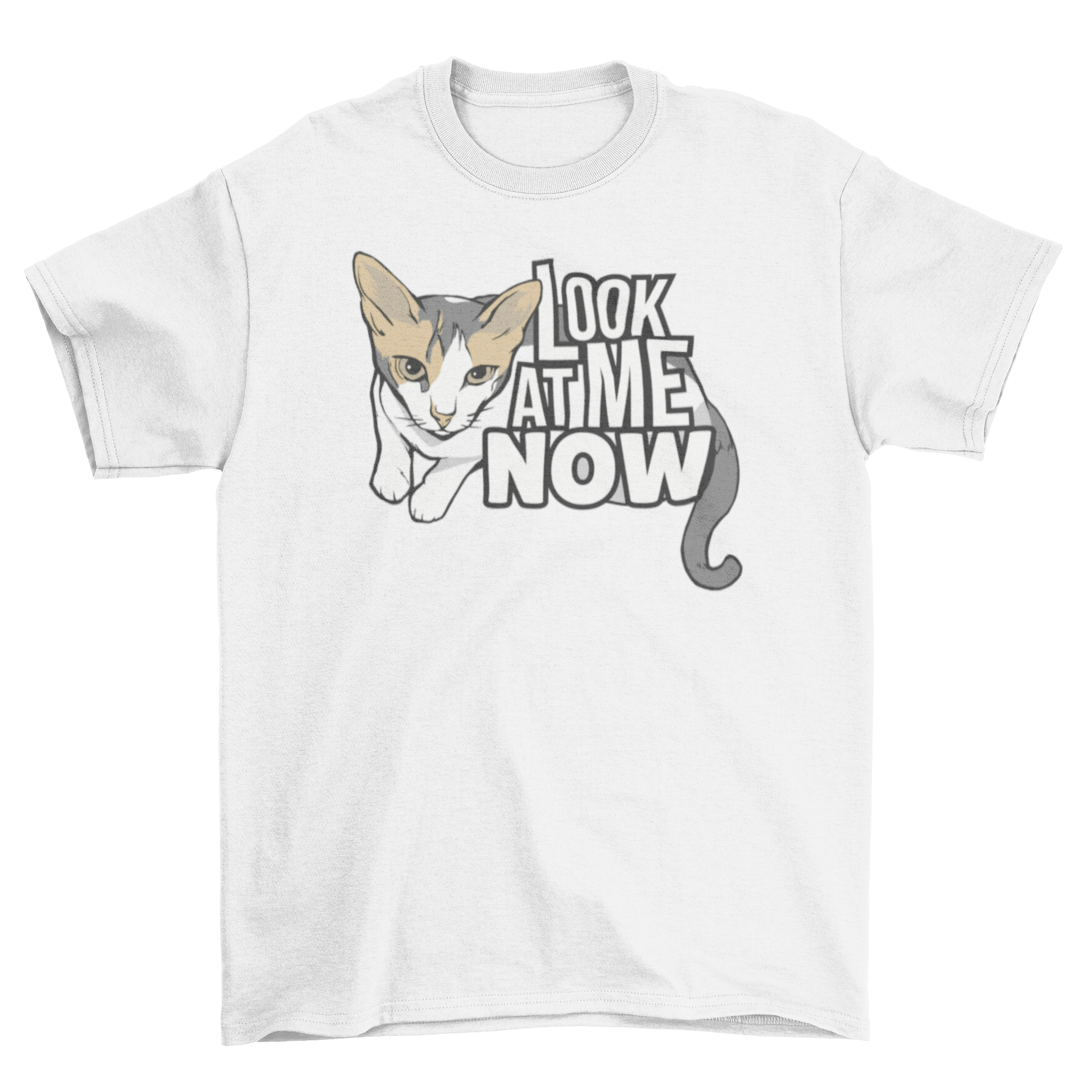 Look at Meow T-shirt featuring a detailed illustration of a white, brown, and black cat with the quote 'Look at me now'.