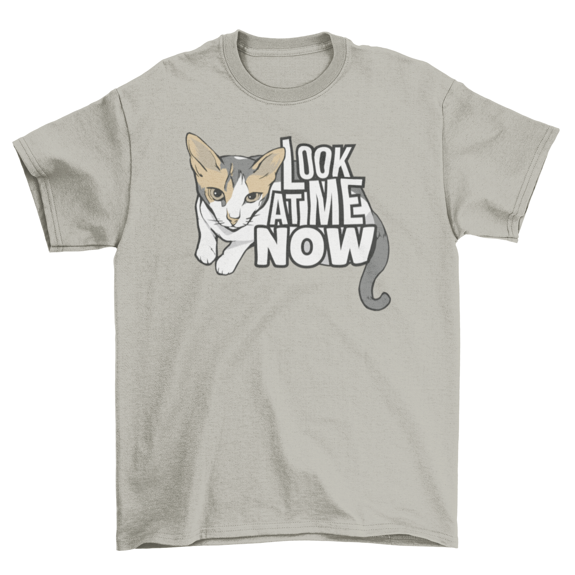 Look at Meow T-shirt featuring a detailed illustration of a white, brown, and black cat with the quote 'Look at me now'.