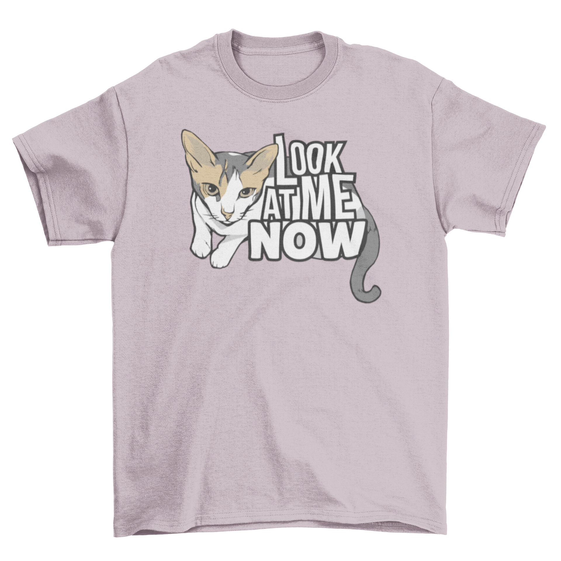 Look at Meow T-shirt featuring a detailed illustration of a white, brown, and black cat with the quote 'Look at me now'.