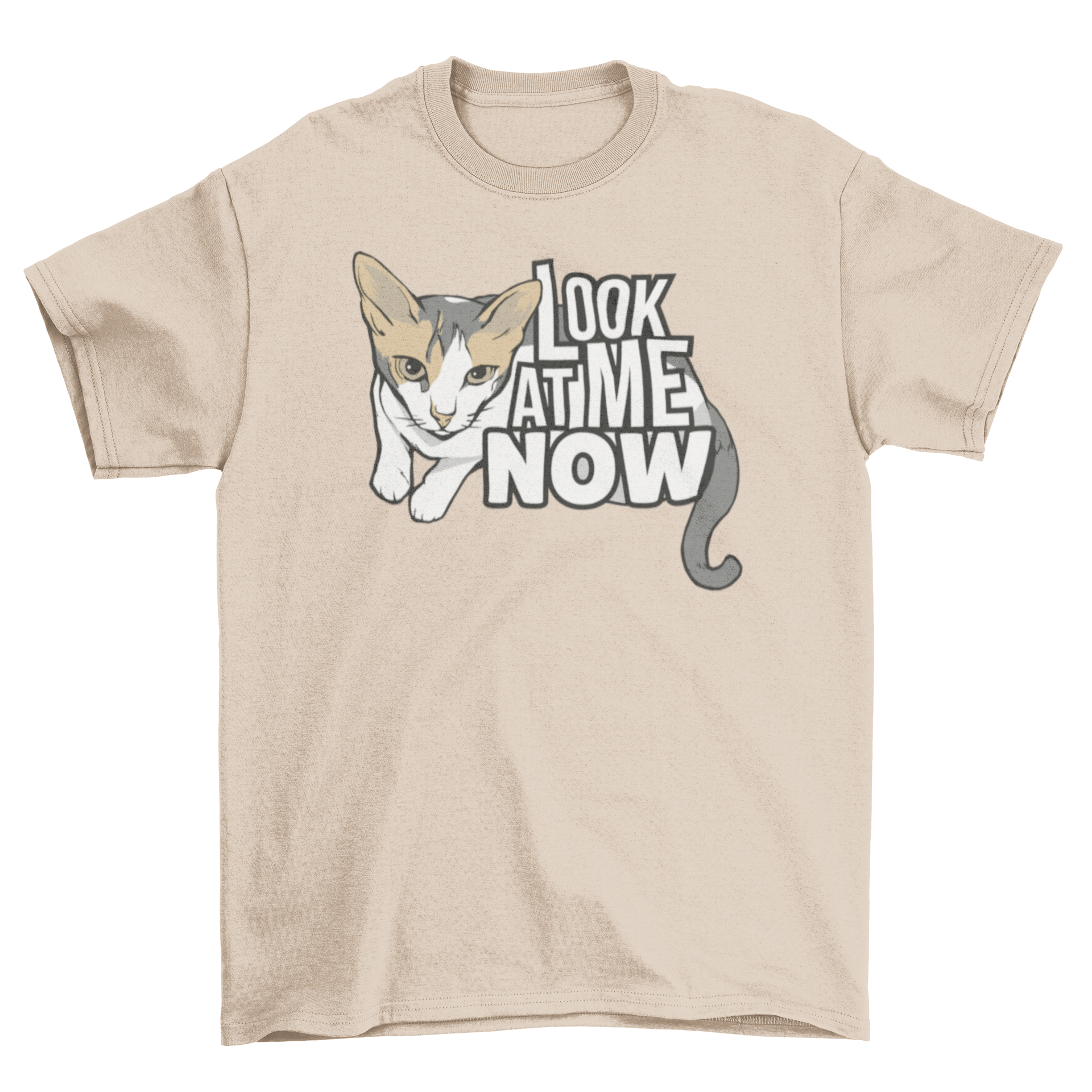 Look at Meow T-shirt featuring a detailed illustration of a white, brown, and black cat with the quote 'Look at me now'.