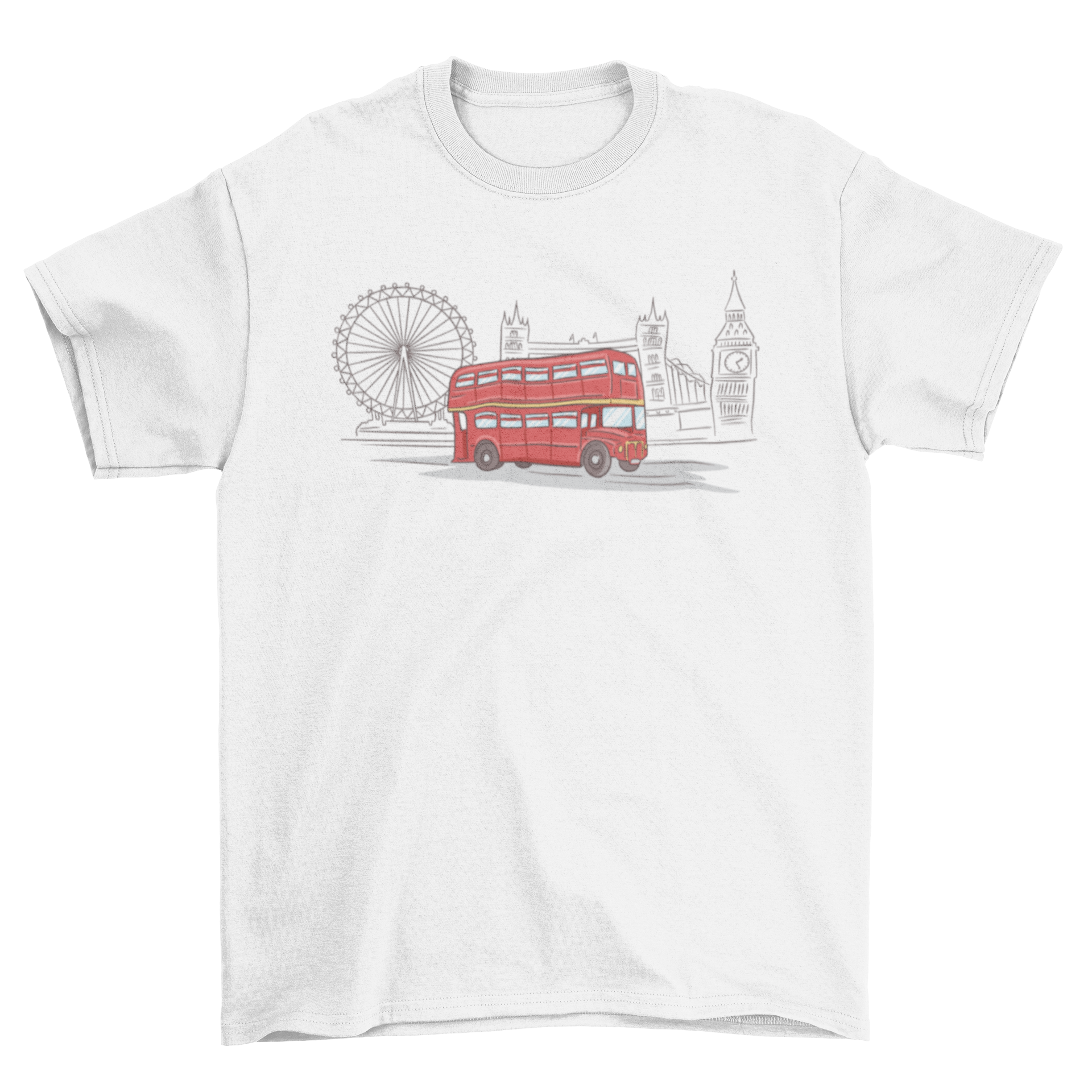 A stylish t-shirt featuring a sketch of London landmarks with a classic red London bus in front.