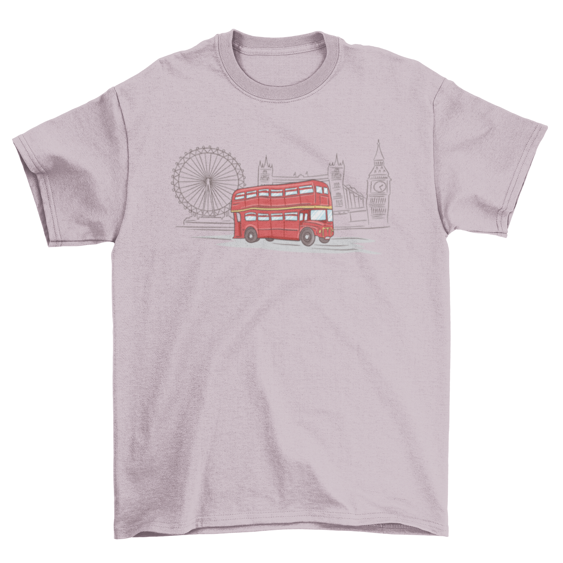 A stylish t-shirt featuring a sketch of London landmarks with a classic red London bus in front.