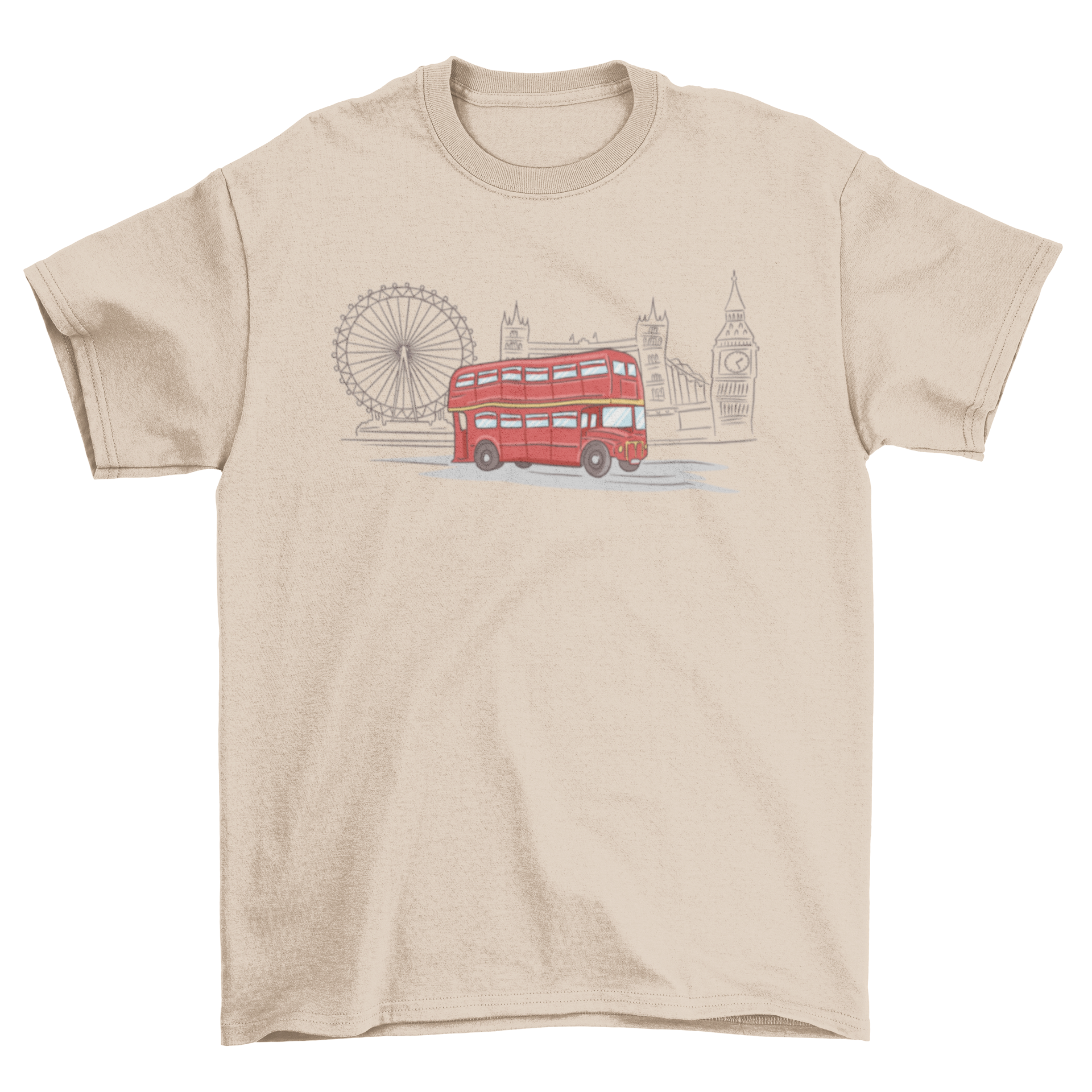 A stylish t-shirt featuring a sketch of London landmarks with a classic red London bus in front.