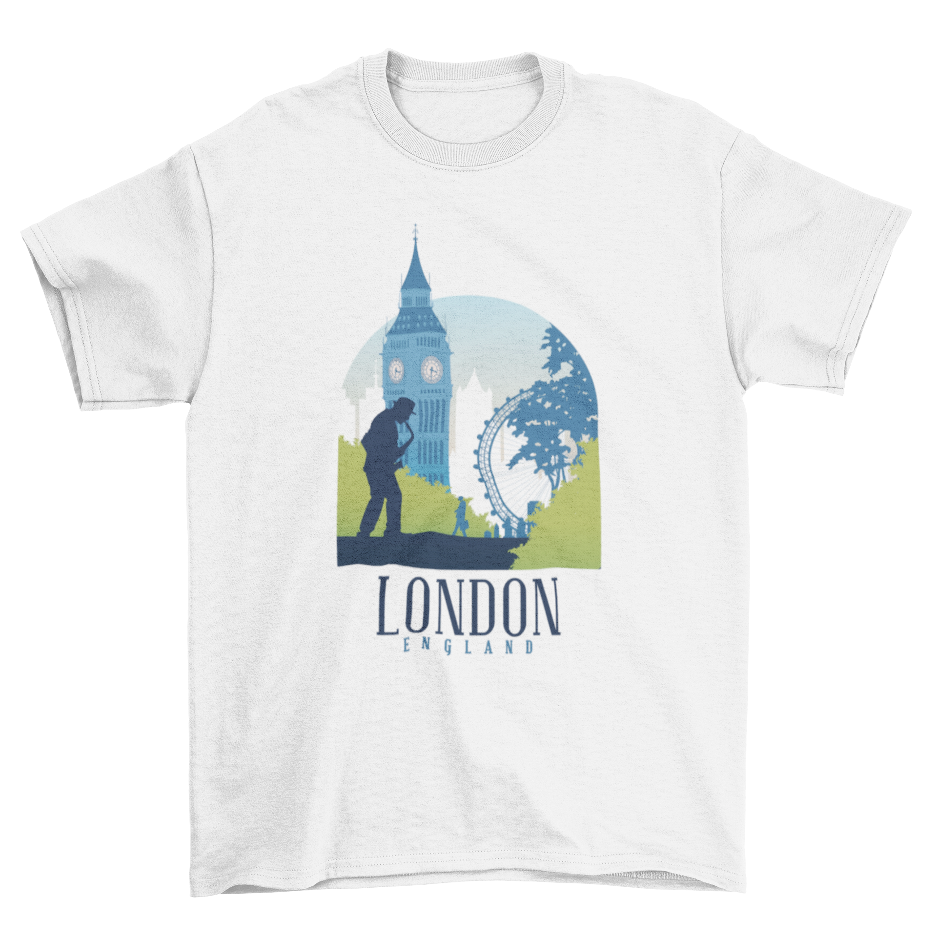 Illustrated London skyline t-shirt featuring famous buildings and 'London England' text.