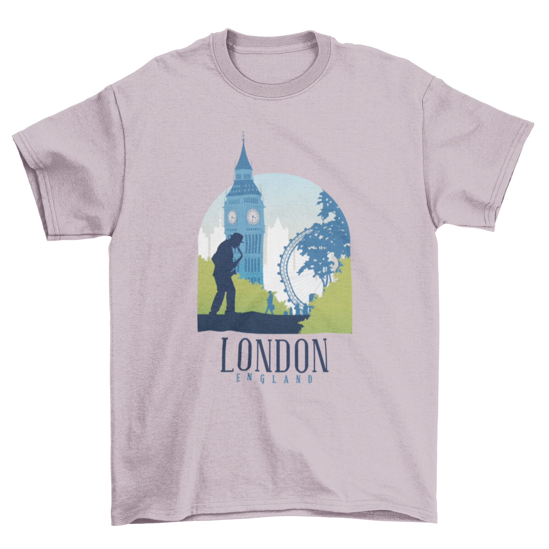 Illustrated London skyline t-shirt featuring famous buildings and 'London England' text.