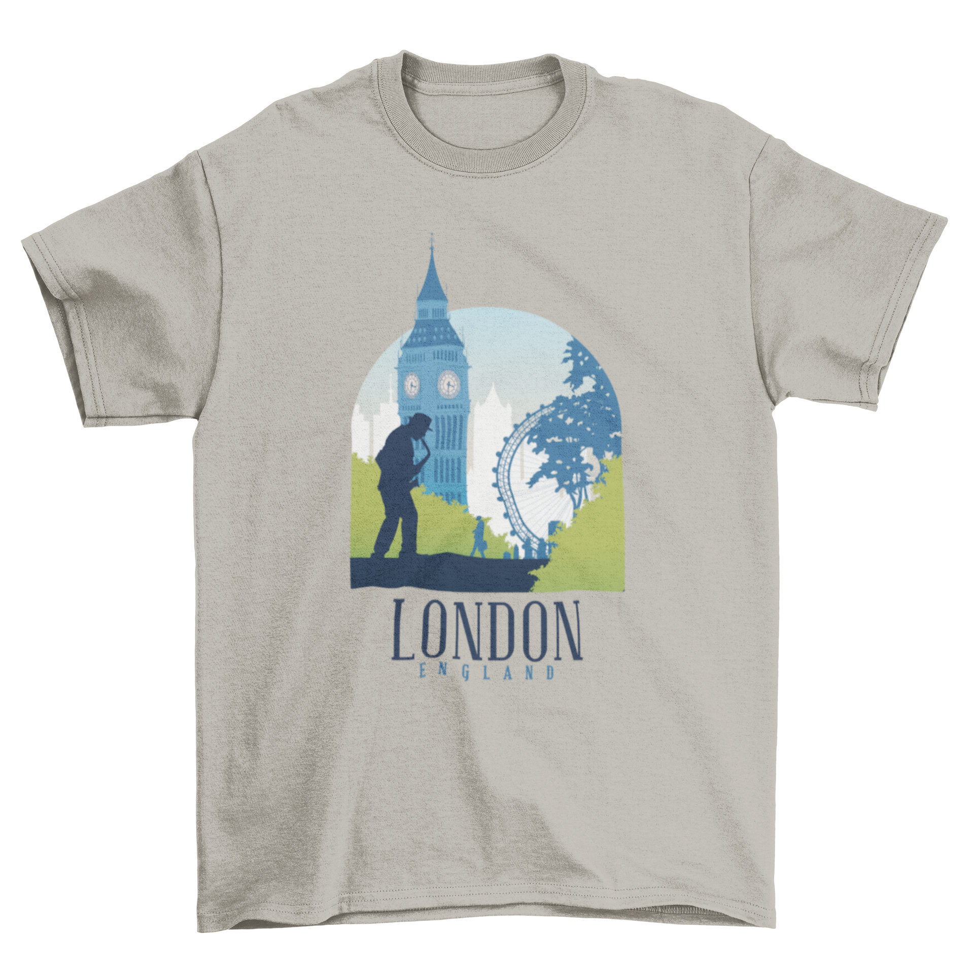 Illustrated London skyline t-shirt featuring famous buildings and 'London England' text.