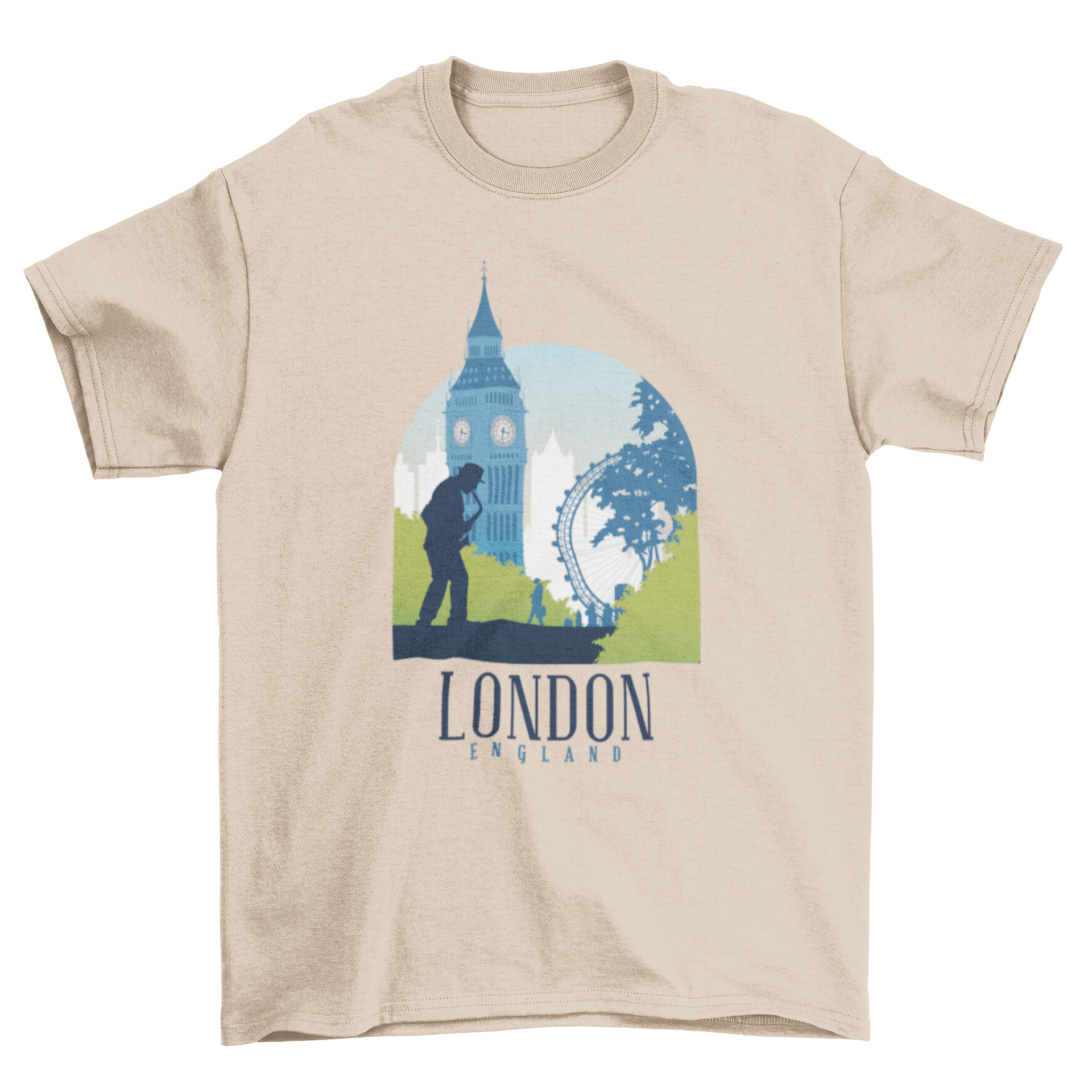 Illustrated London skyline t-shirt featuring famous buildings and 'London England' text.