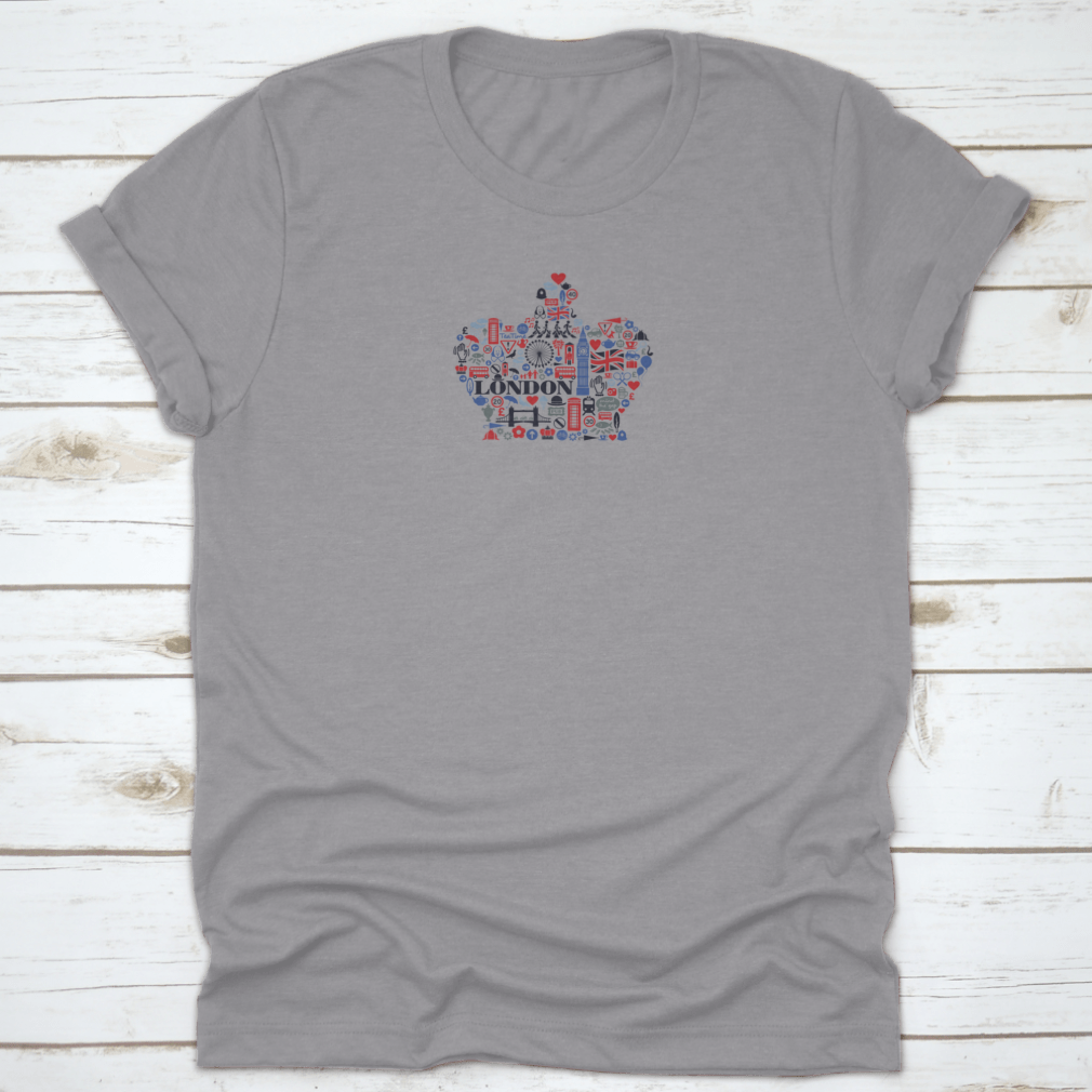 A stylish cotton t-shirt featuring iconic London landmarks and cultural symbols, perfect for showcasing love for Great Britain.