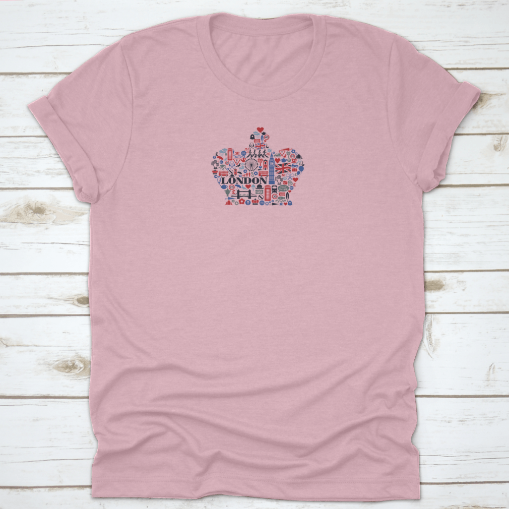 A stylish cotton t-shirt featuring iconic London landmarks and cultural symbols, perfect for showcasing love for Great Britain.