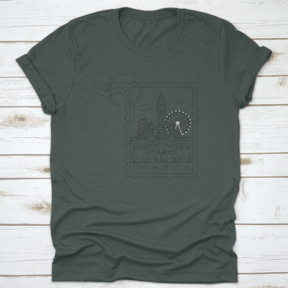 A stylish London Stamp T-shirt featuring a minimal linear vector illustration and typography, made from high-quality cotton.