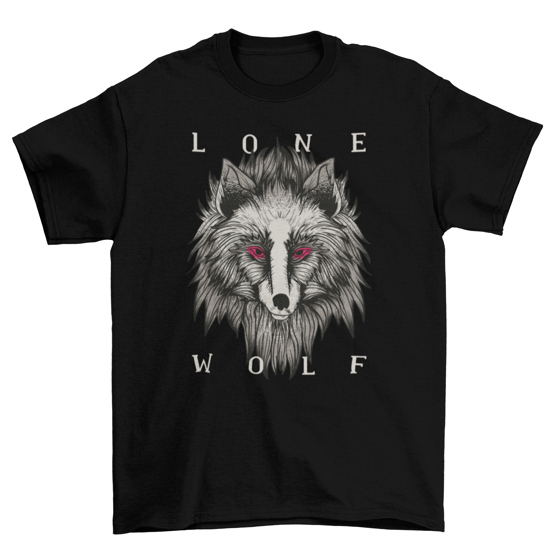 Lone Wolf T-shirt featuring a black wolf illustration with red eyes and 'Lone Wolf' lettering.