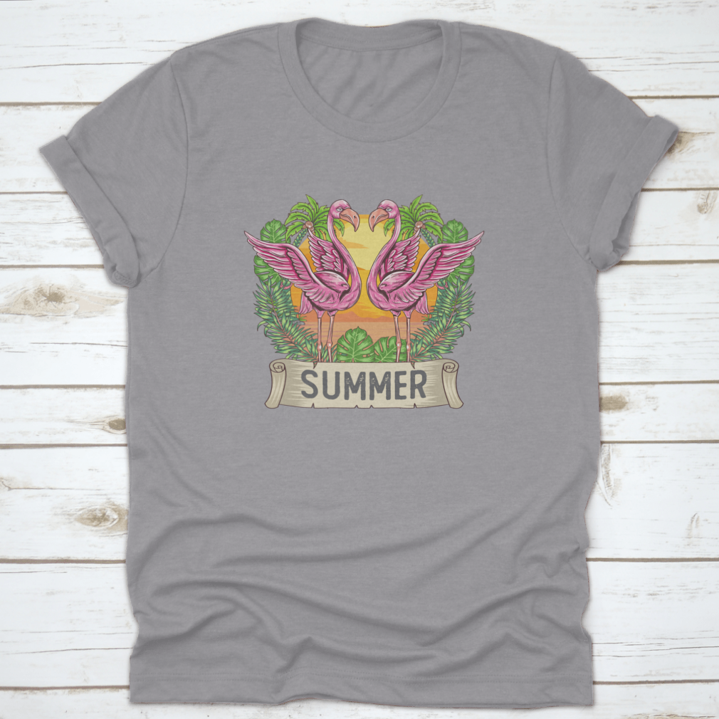 A vibrant pink flamingo design on a summer t-shirt, showcasing a classic fit and soft cotton fabric.