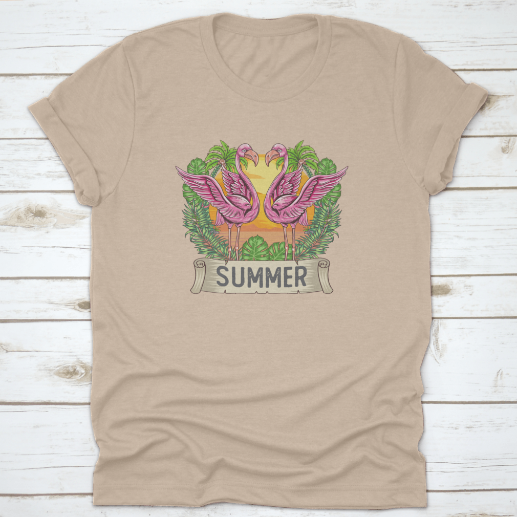 A vibrant pink flamingo design on a summer t-shirt, showcasing a classic fit and soft cotton fabric.