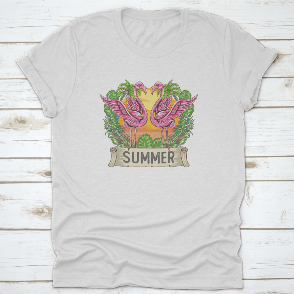 A vibrant pink flamingo design on a summer t-shirt, showcasing a classic fit and soft cotton fabric.