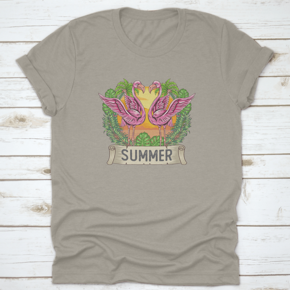 A vibrant pink flamingo design on a summer t-shirt, showcasing a classic fit and soft cotton fabric.