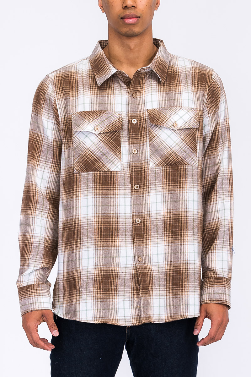 A stylish Long Sleeve Checkered Flannel Shirt featuring a classic checkered pattern, chest pockets, and a curved hem, perfect for casual wear.