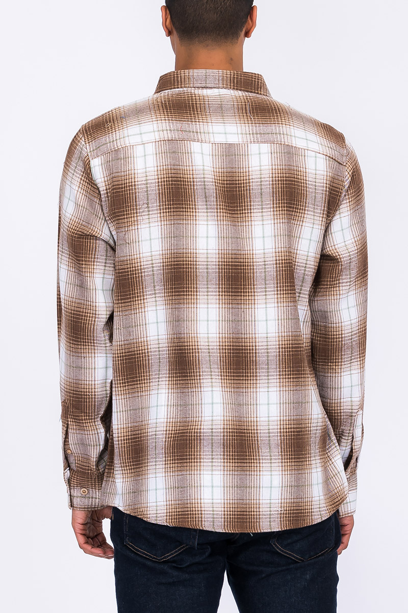 A stylish Long Sleeve Checkered Flannel Shirt featuring a classic checkered pattern, chest pockets, and a curved hem, perfect for casual wear.