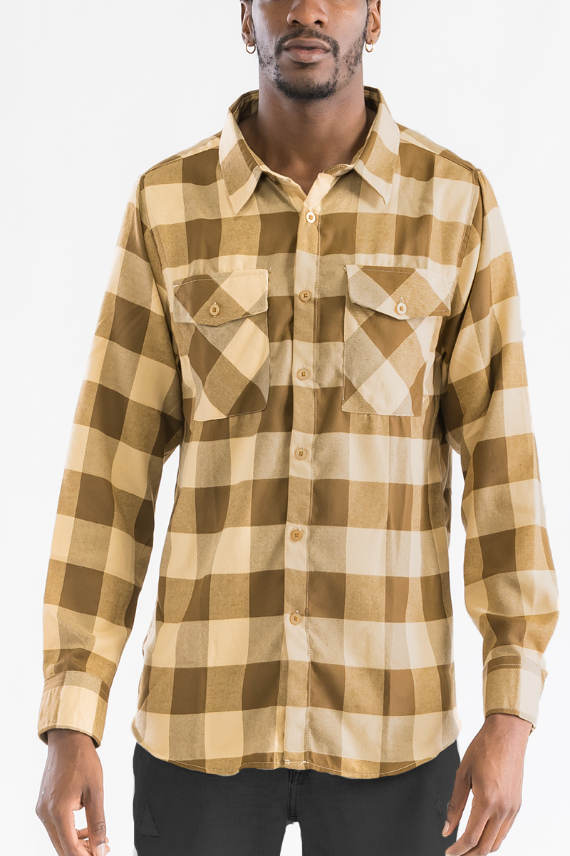 A stylish Long Sleeve Checkered Flannel Shirt featuring a classic checkered pattern, chest pockets, and a curved hem, perfect for casual wear.