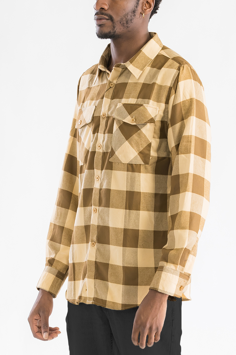 A stylish Long Sleeve Checkered Flannel Shirt featuring a classic checkered pattern, chest pockets, and a curved hem, perfect for casual wear.