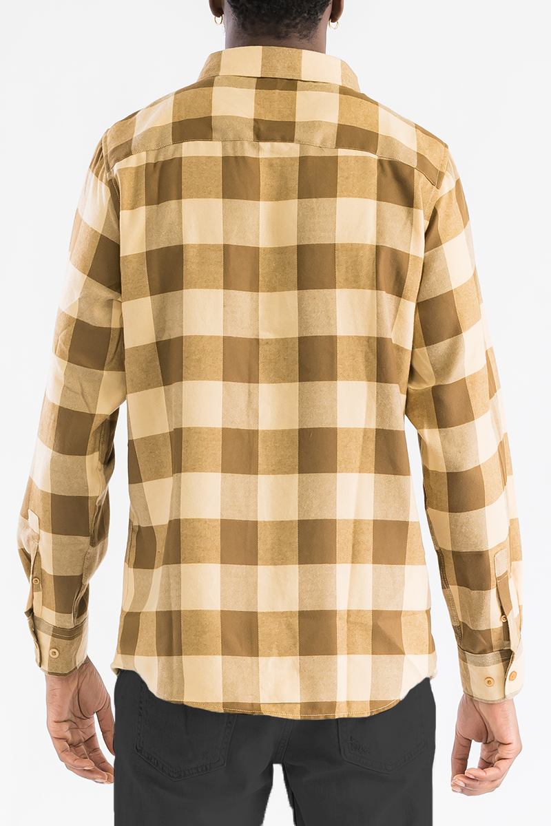 A stylish Long Sleeve Checkered Flannel Shirt featuring a classic checkered pattern, chest pockets, and a curved hem, perfect for casual wear.