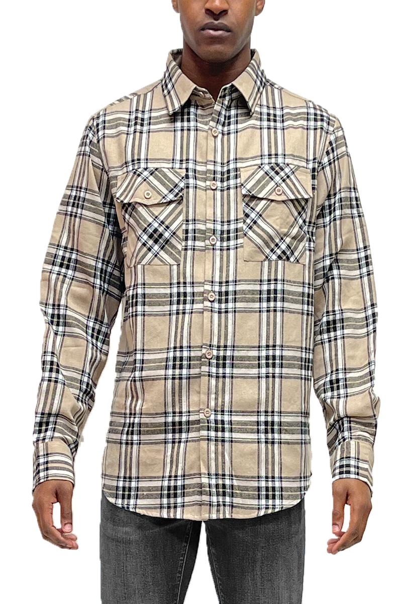 A stylish Long Sleeve Checkered Flannel Shirt featuring a classic checkered pattern, chest pockets, and a curved hem, ideal for casual wear.