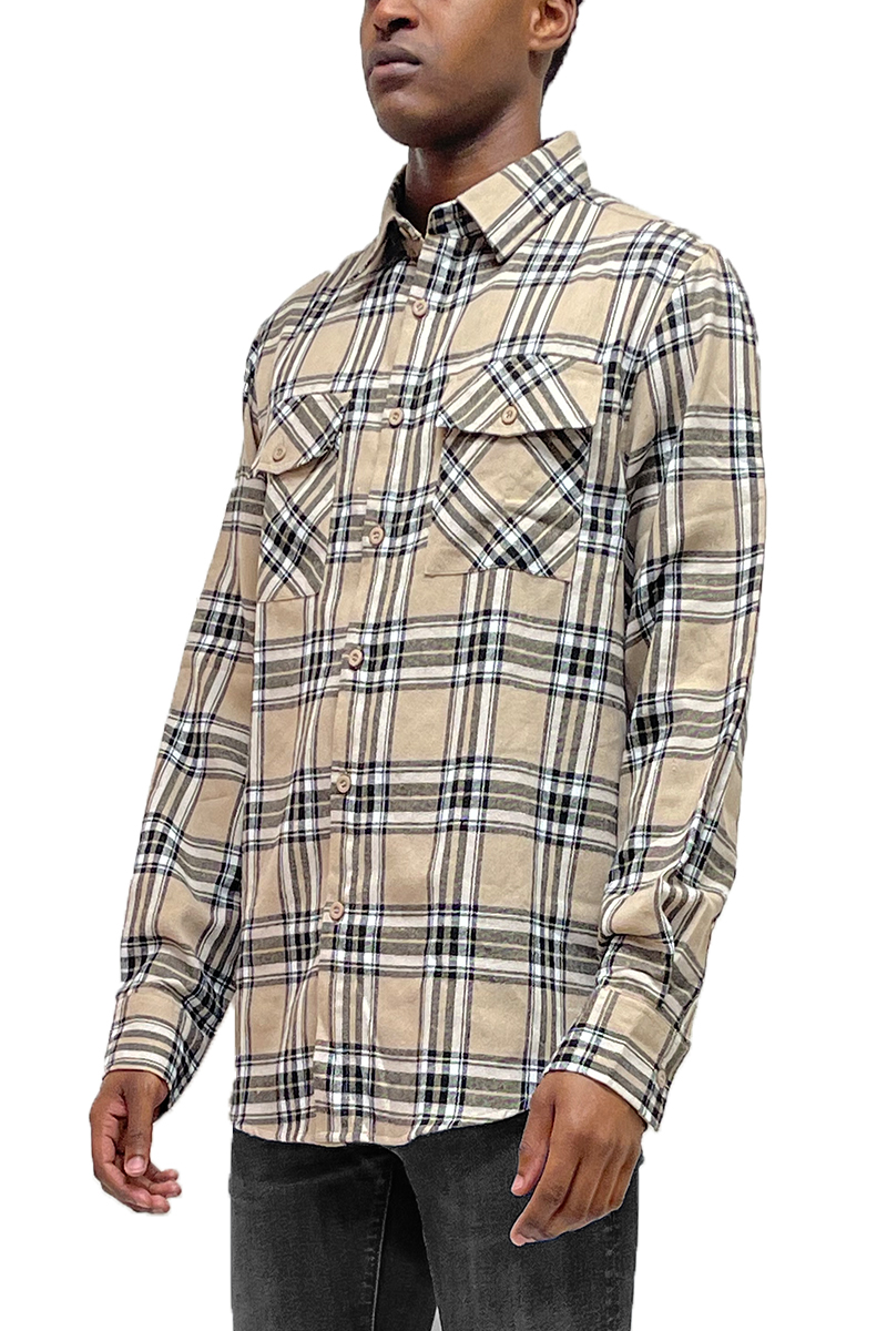 A stylish Long Sleeve Checkered Flannel Shirt featuring a classic checkered pattern, chest pockets, and a curved hem, ideal for casual wear.