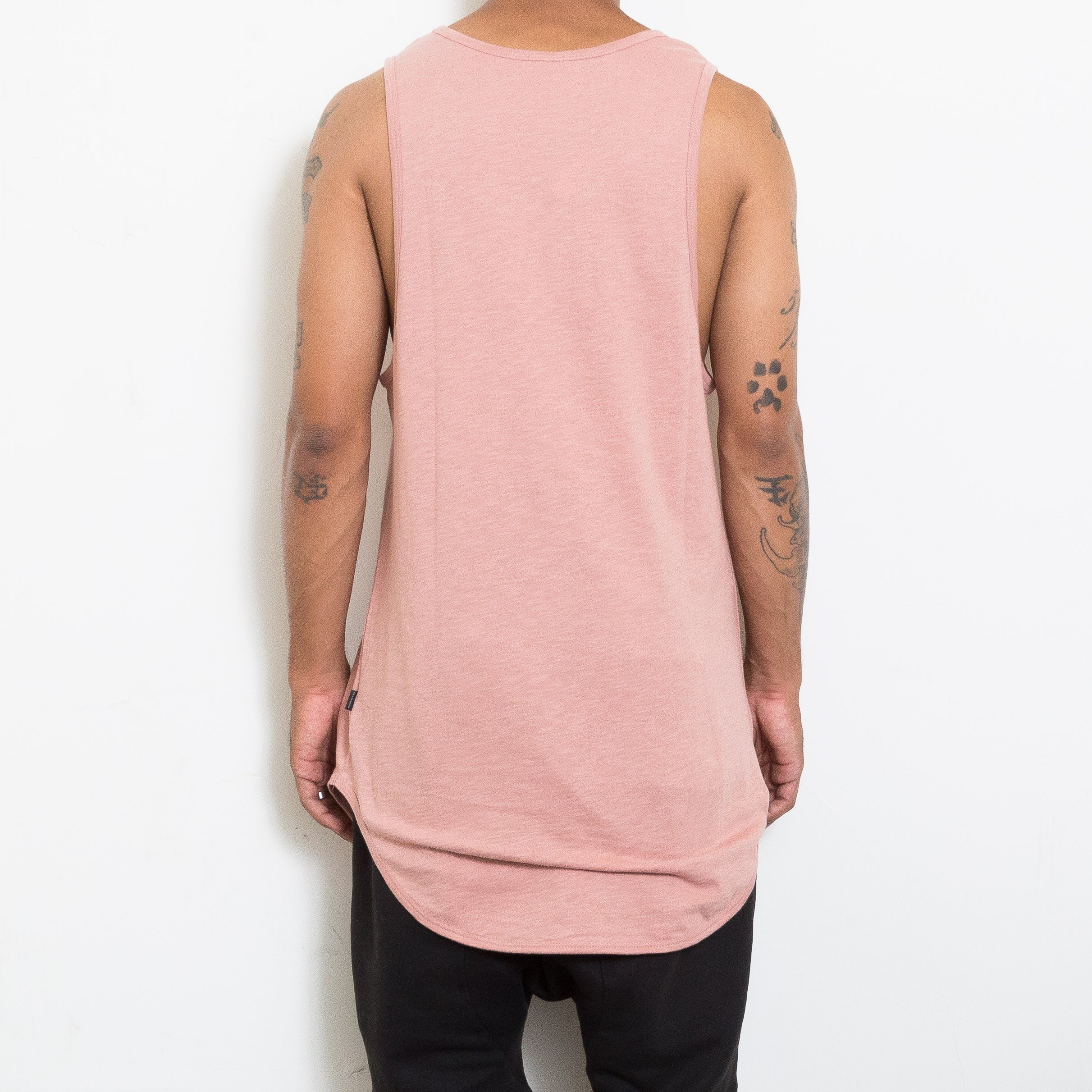 Longline Scallop Tank in Rose, featuring an extended scoop neckline and muscle tank style, perfect for casual wear.