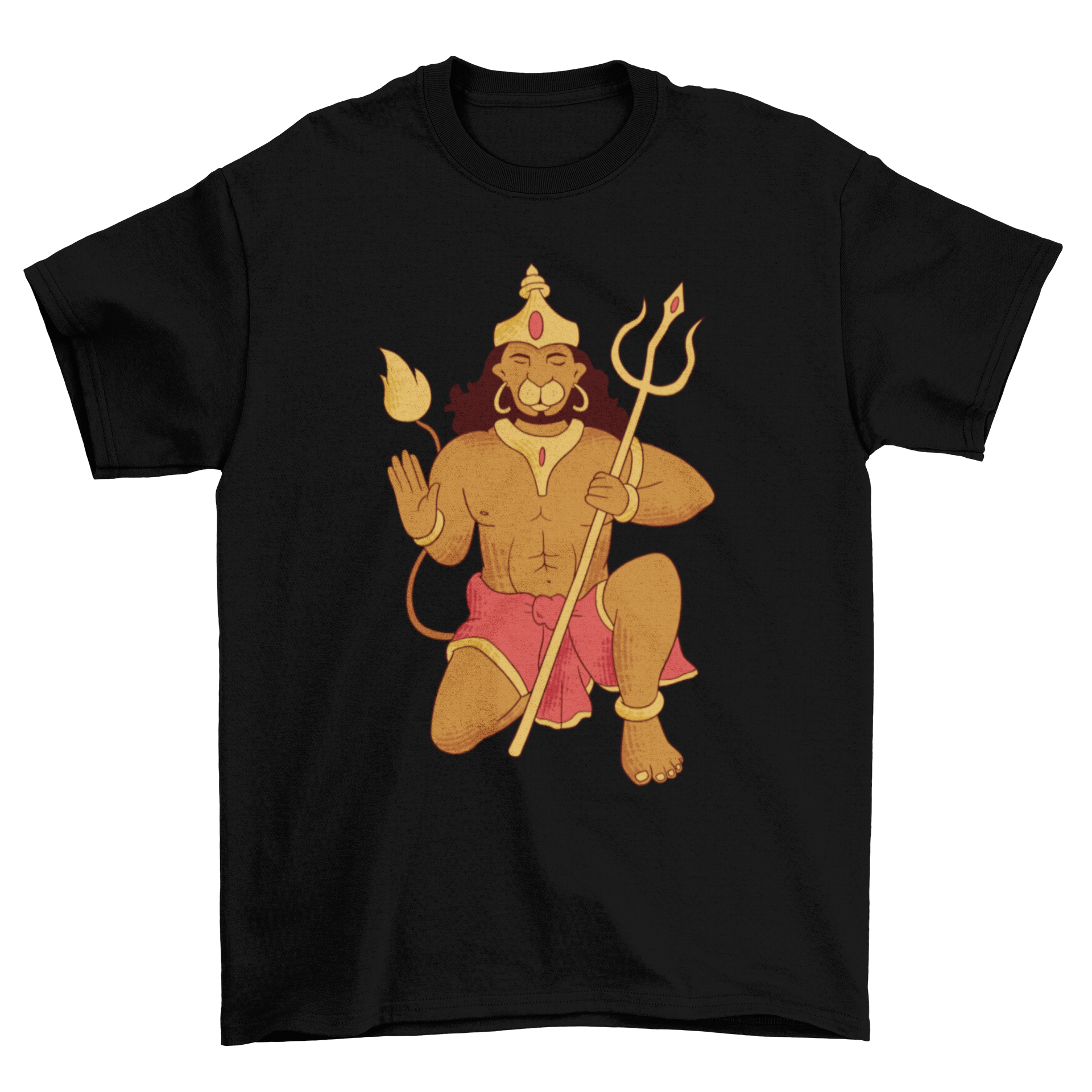 A stylish t-shirt featuring a detailed illustration of Lord Hanuman kneeling, symbolizing devotion and strength.