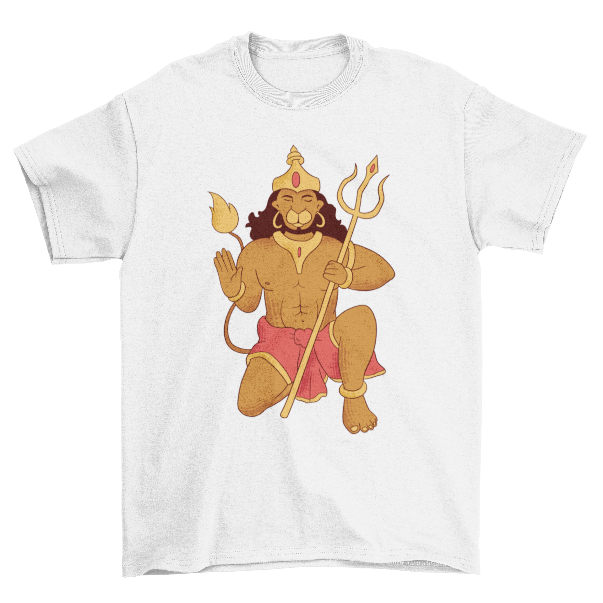 A stylish t-shirt featuring a detailed illustration of Lord Hanuman kneeling, symbolizing devotion and strength.