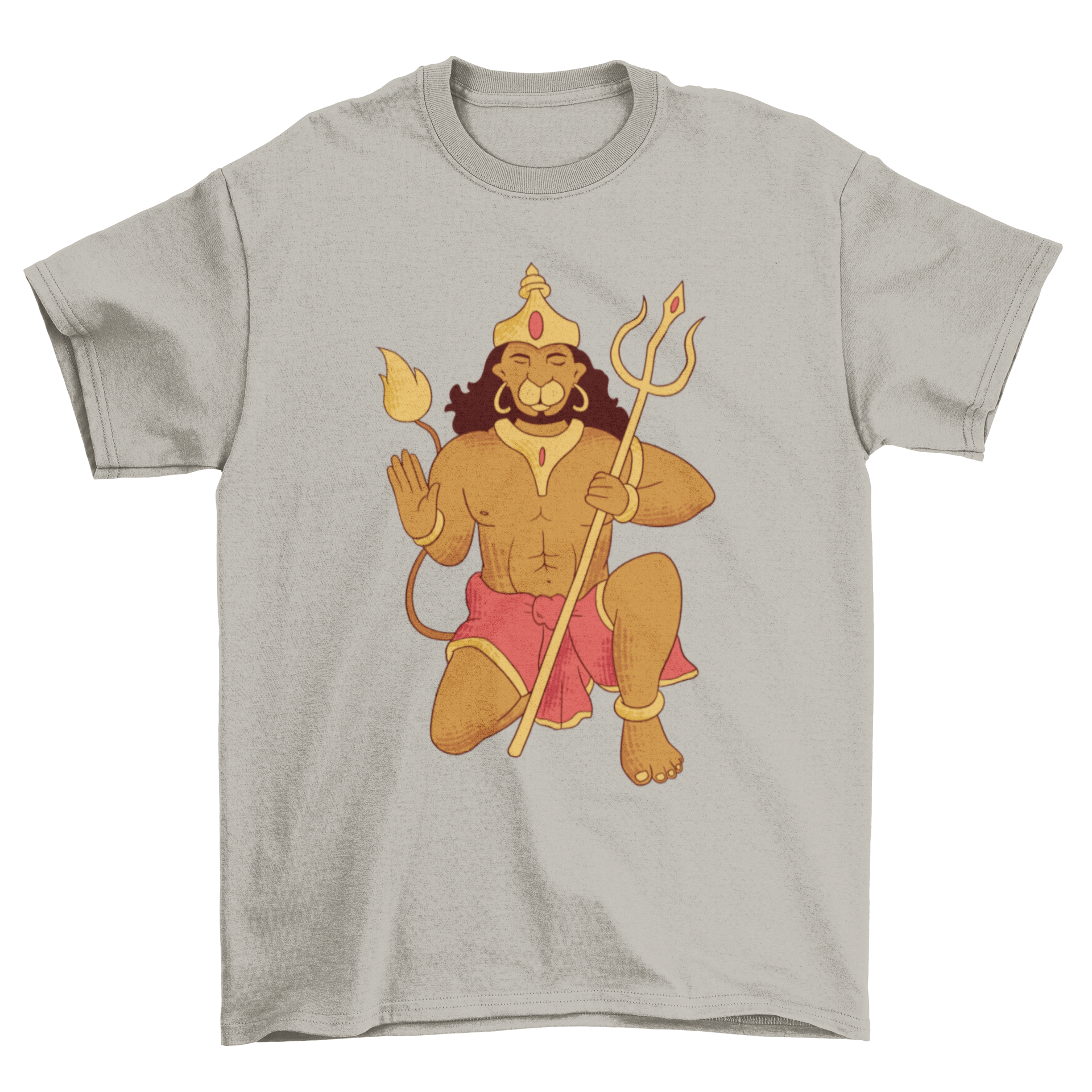 A stylish t-shirt featuring a detailed illustration of Lord Hanuman kneeling, symbolizing devotion and strength.