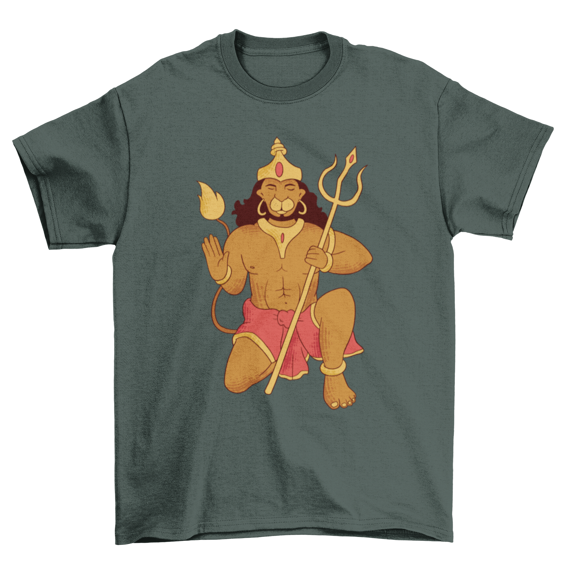 A stylish t-shirt featuring a detailed illustration of Lord Hanuman kneeling, symbolizing devotion and strength.