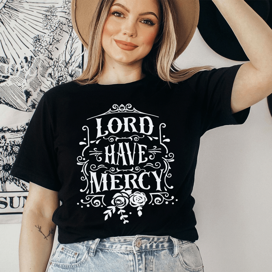 Lord Have Mercy T-Shirt made from soft ring-spun cotton with double stitching for durability, available in multiple sizes.