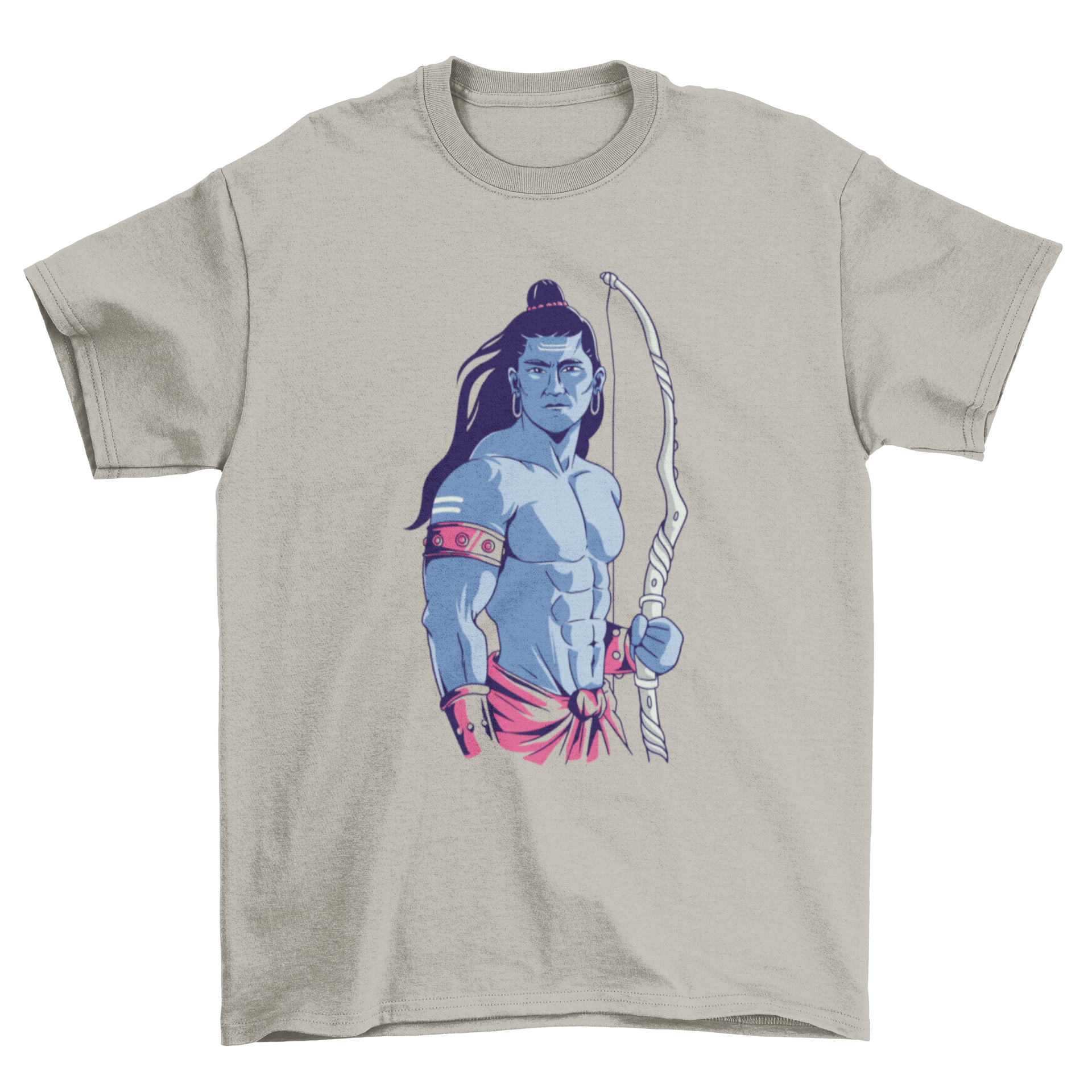 A stylish T-shirt featuring a vibrant illustration of Lord Rama, showcasing his divine presence and cultural significance.