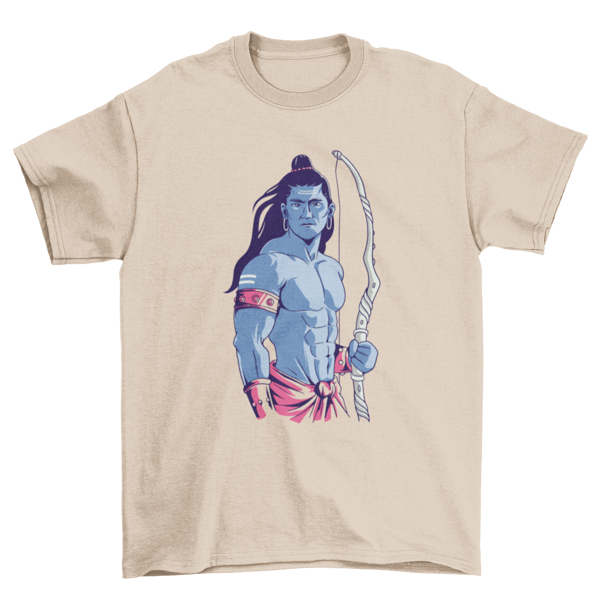 A stylish T-shirt featuring a vibrant illustration of Lord Rama, showcasing his divine presence and cultural significance.