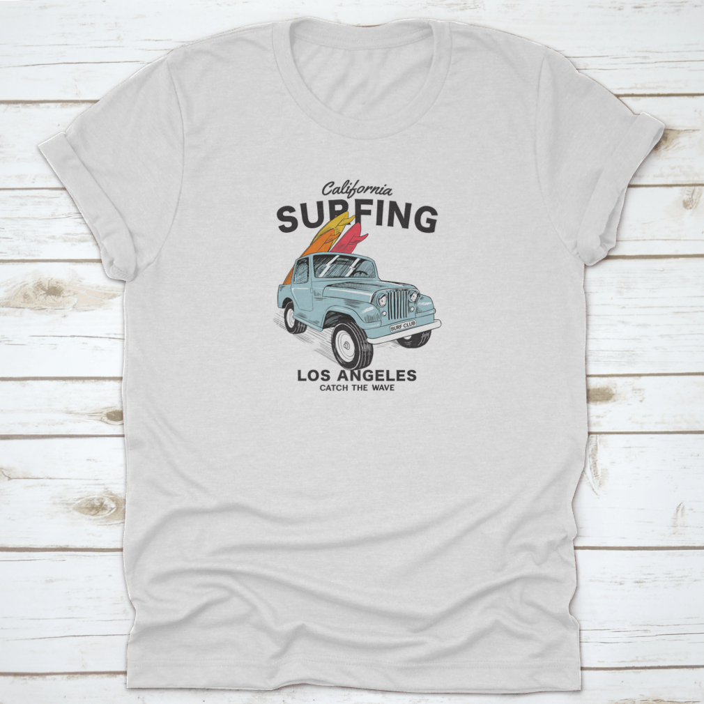 Los Angeles California Surfing graphic tee featuring a summer surf club design, made from 100% cotton with a classic fit.