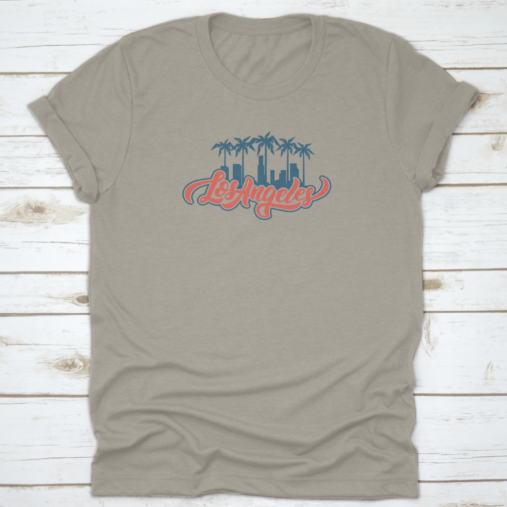 Los Angeles Lettering Design print featuring blue and red colors on a soft cotton fabric, showcasing a stylish and vibrant design.