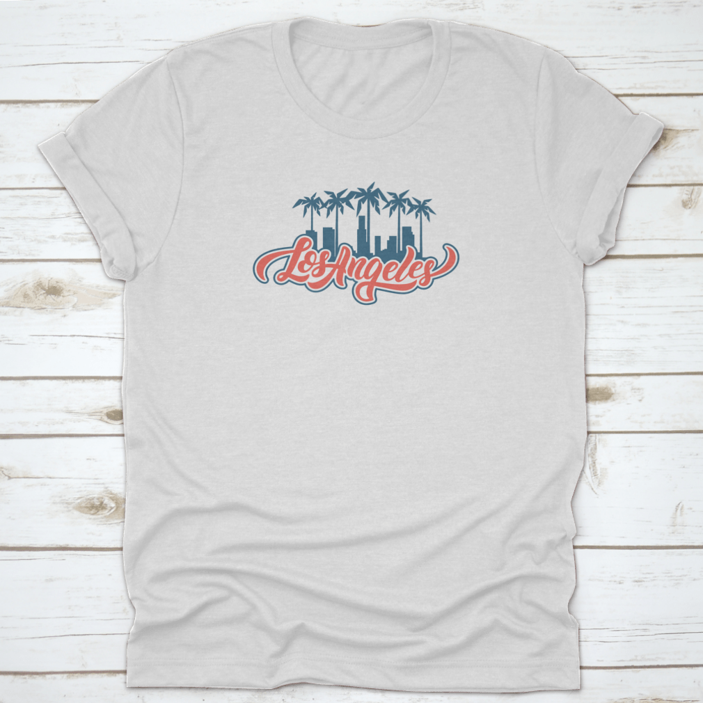 Los Angeles Lettering Design print featuring blue and red colors on a soft cotton fabric, showcasing a stylish and vibrant design.