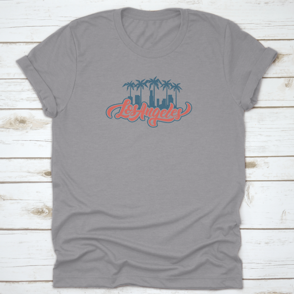 Los Angeles Lettering Design print featuring blue and red colors on a soft cotton fabric, showcasing a stylish and vibrant design.