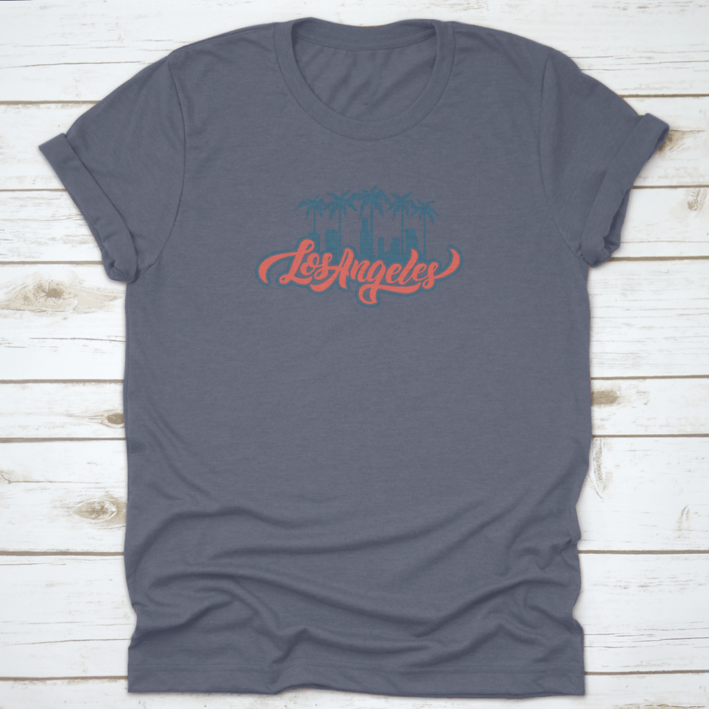 Los Angeles Lettering Design print featuring blue and red colors on a soft cotton fabric, showcasing a stylish and vibrant design.