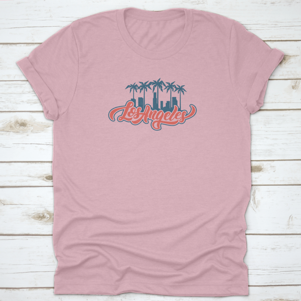 Los Angeles Lettering Design print featuring blue and red colors on a soft cotton fabric, showcasing a stylish and vibrant design.