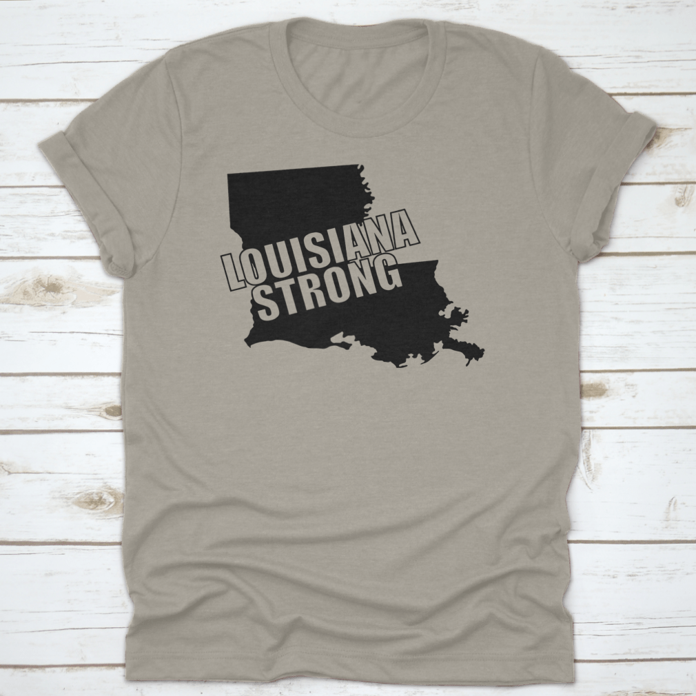 Louisiana Strong graphic tee featuring bold typography on a classic black background, showcasing pride in Louisiana.