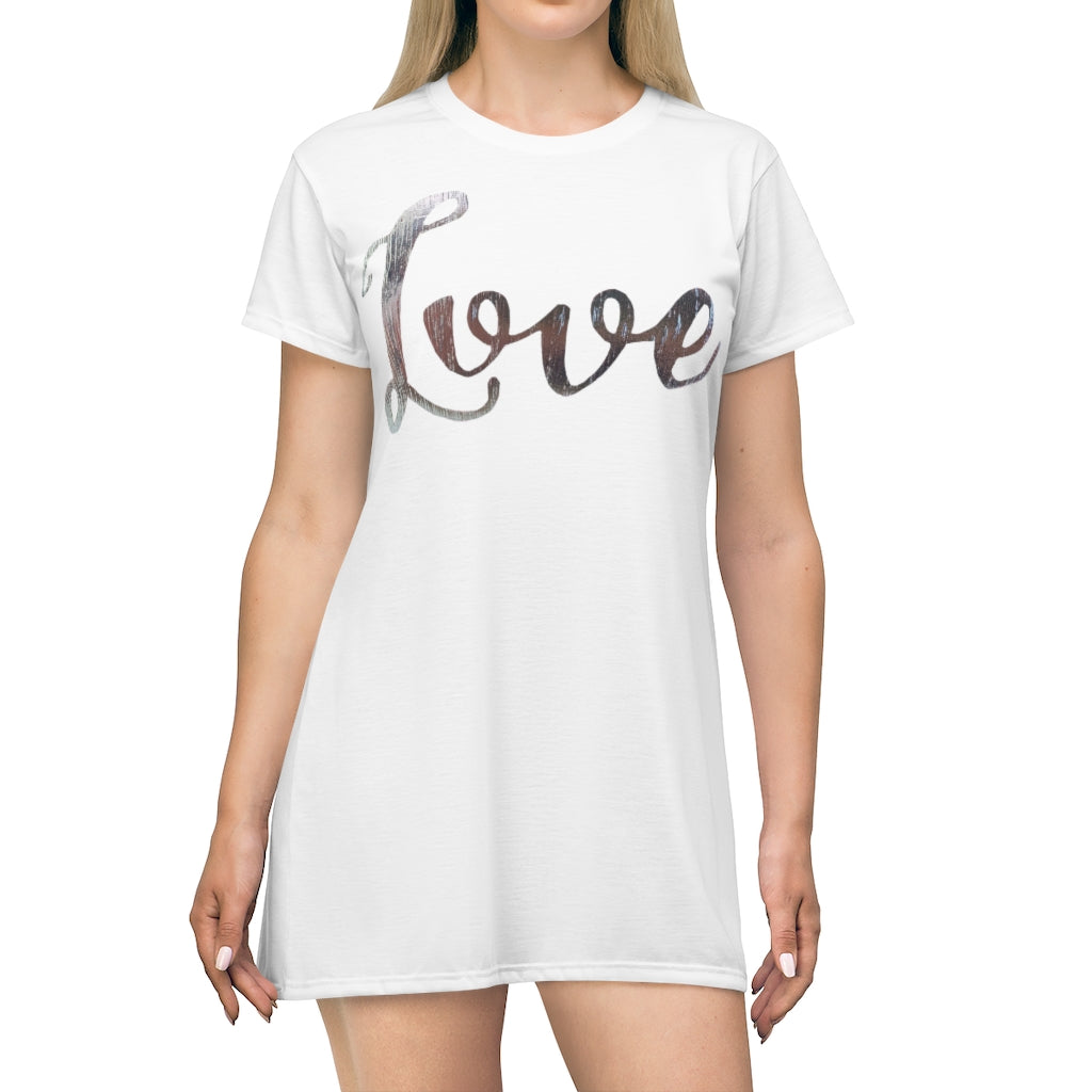 Love All Over Print T-Shirt Dress featuring vibrant patterns and a comfortable fit, perfect for casual outings.