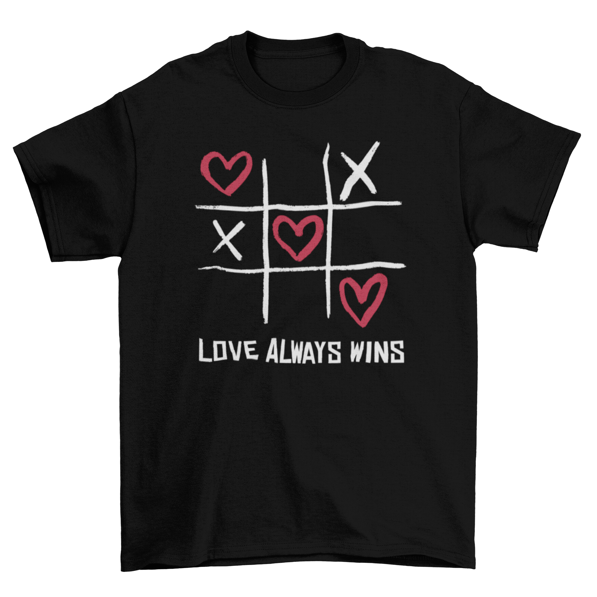 A stylish t-shirt featuring a Tic-tac-toe game design with hearts and the quote 'Love always win', perfect for expressing love.