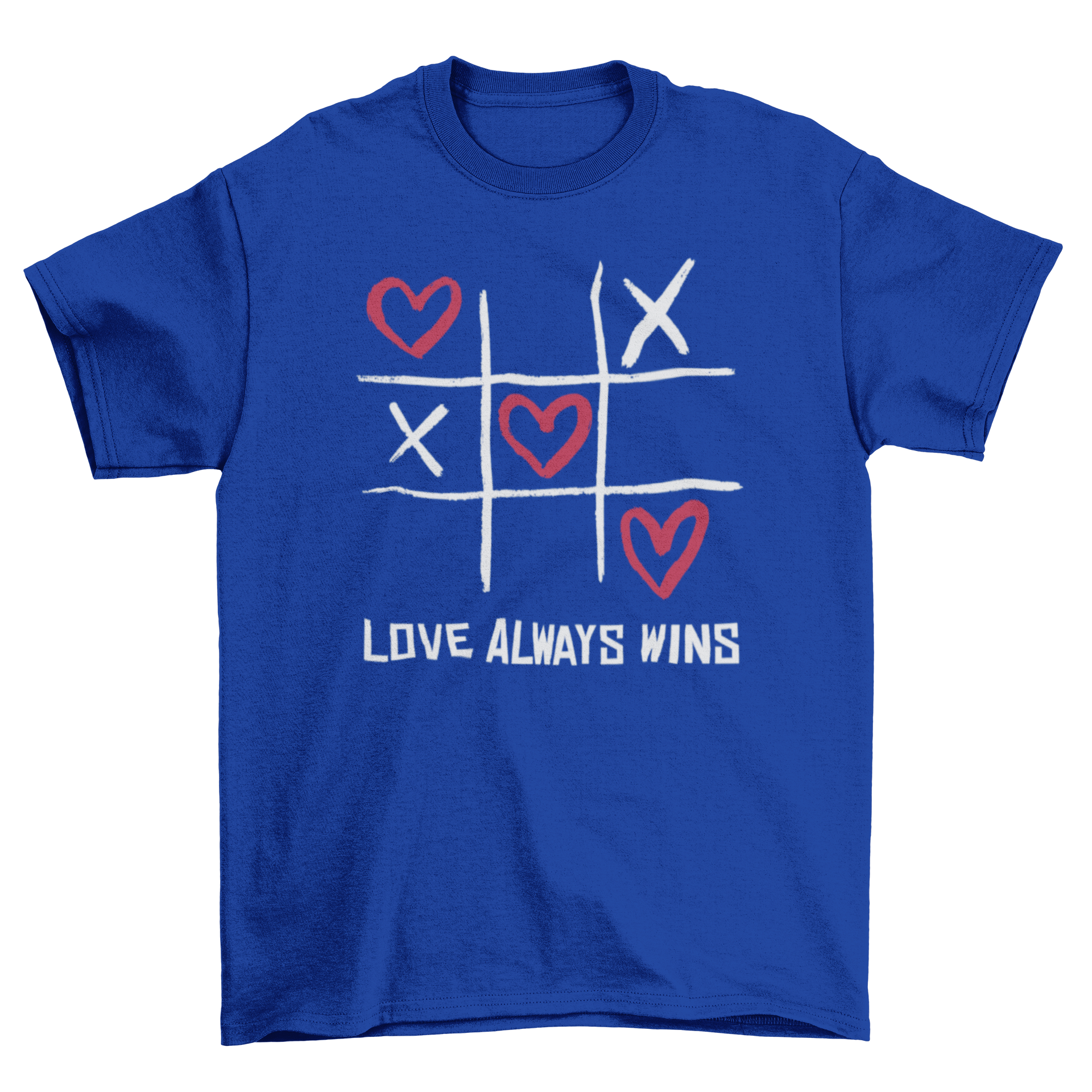 A stylish t-shirt featuring a Tic-tac-toe game design with hearts and the quote 'Love always win', perfect for expressing love.