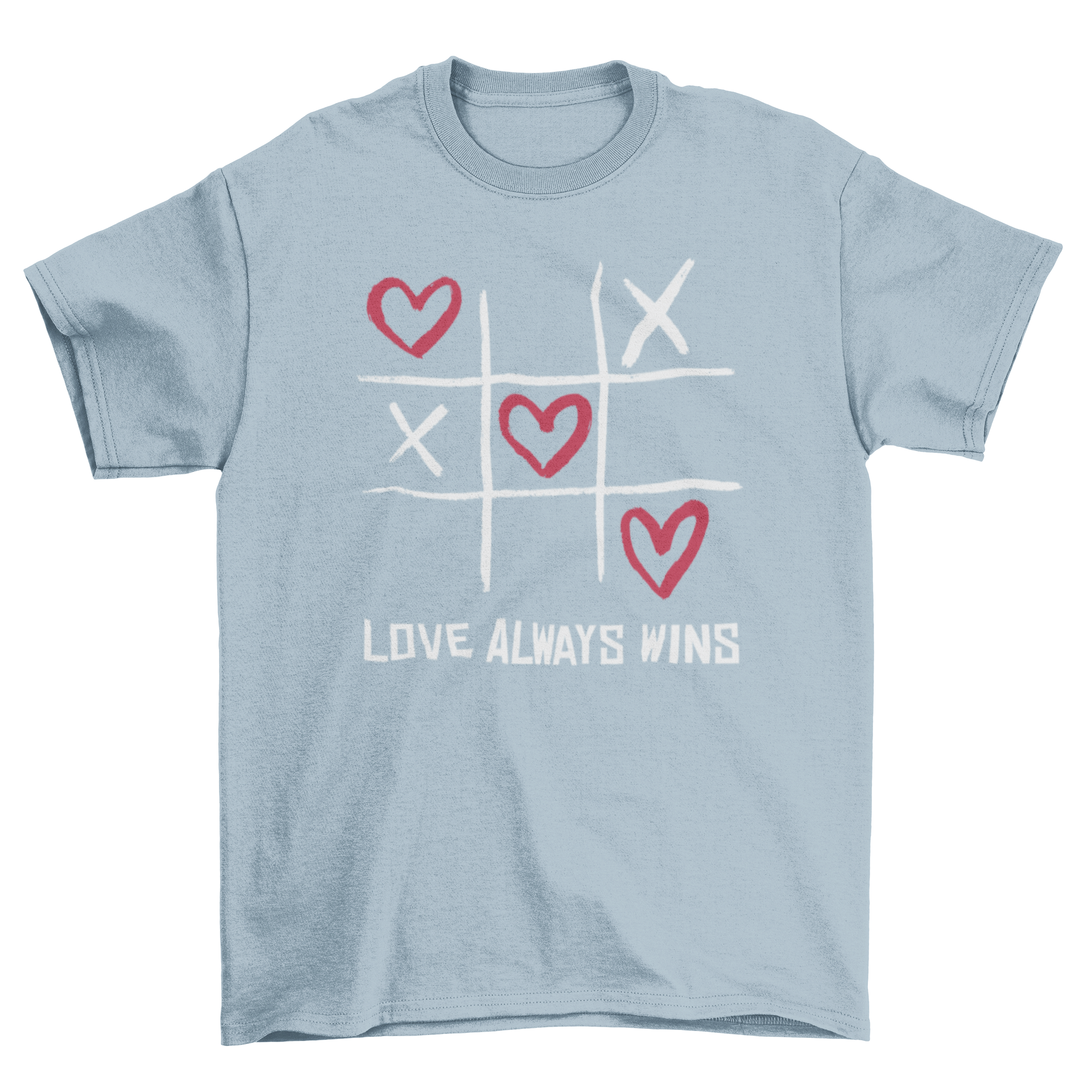 A stylish t-shirt featuring a Tic-tac-toe game design with hearts and the quote 'Love always win', perfect for expressing love.