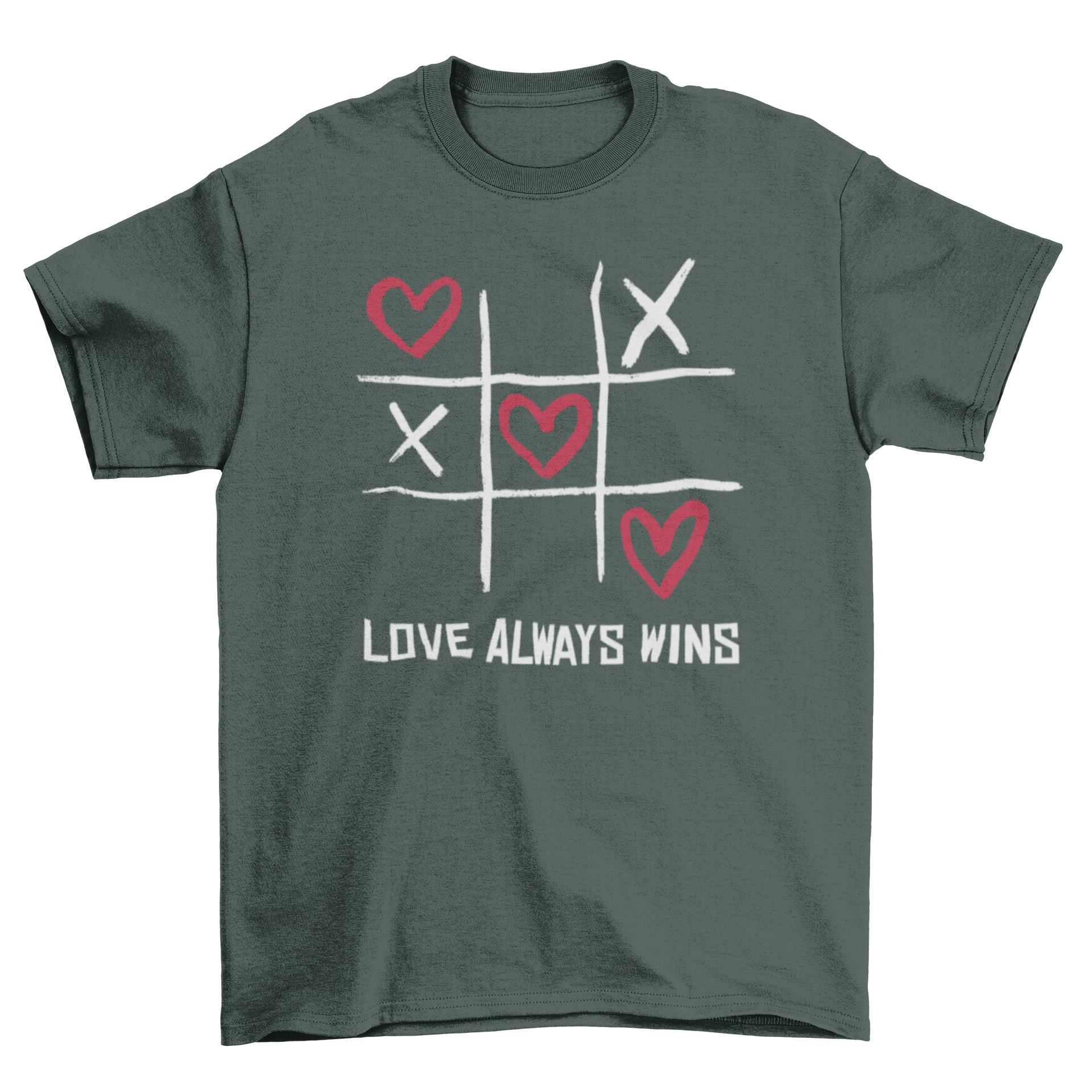 A stylish t-shirt featuring a Tic-tac-toe game design with hearts and the quote 'Love always win', perfect for expressing love.