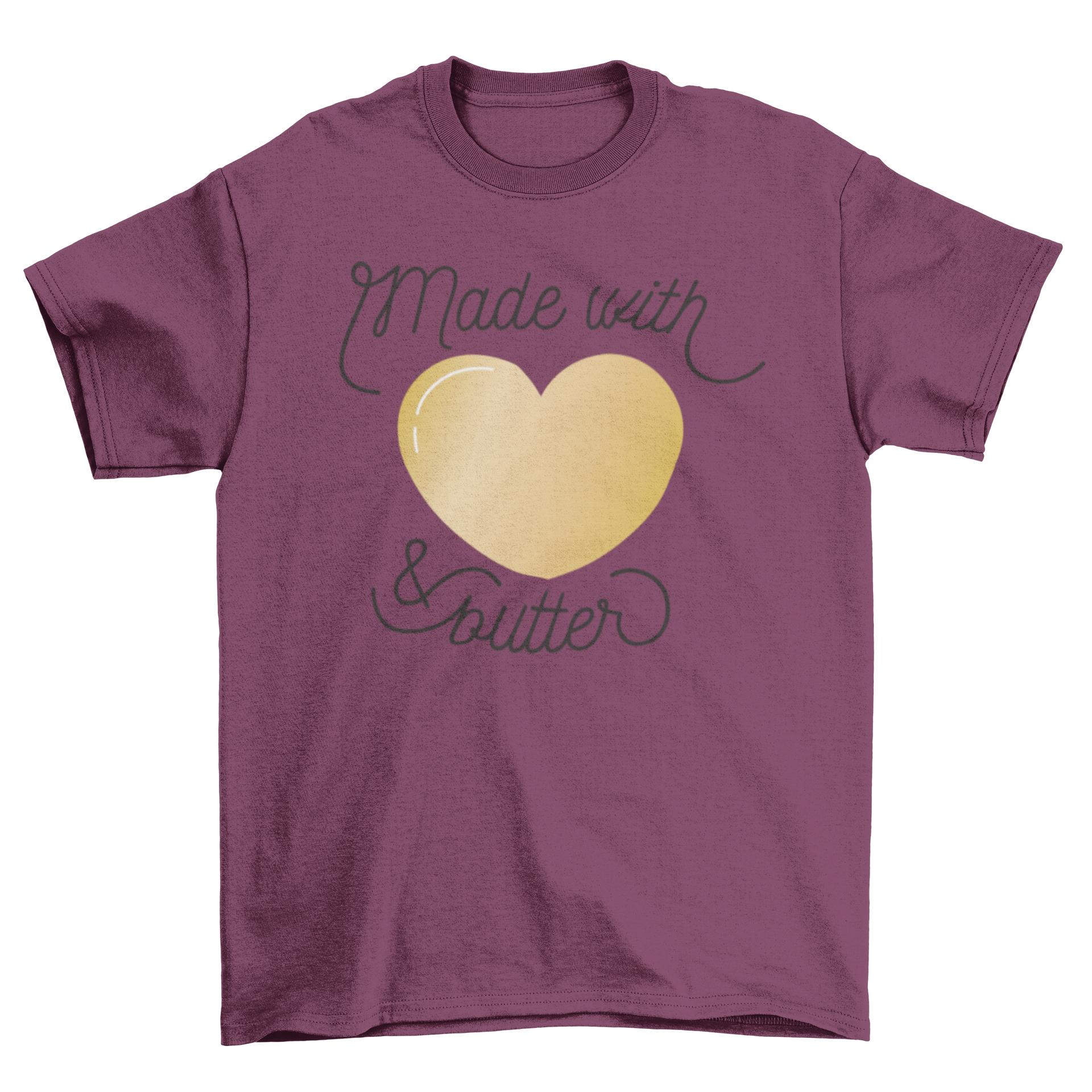 A cute t-shirt featuring a heart design and the quote 'Made with & butter', perfect for cooking enthusiasts.